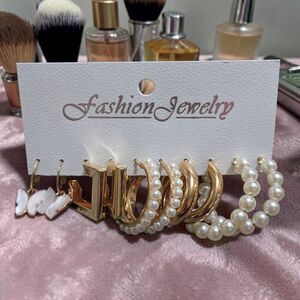 Gold Tone Hoop Earring Set, Pearl Hoop Earrings, Butterfly Coquette Jewelry
